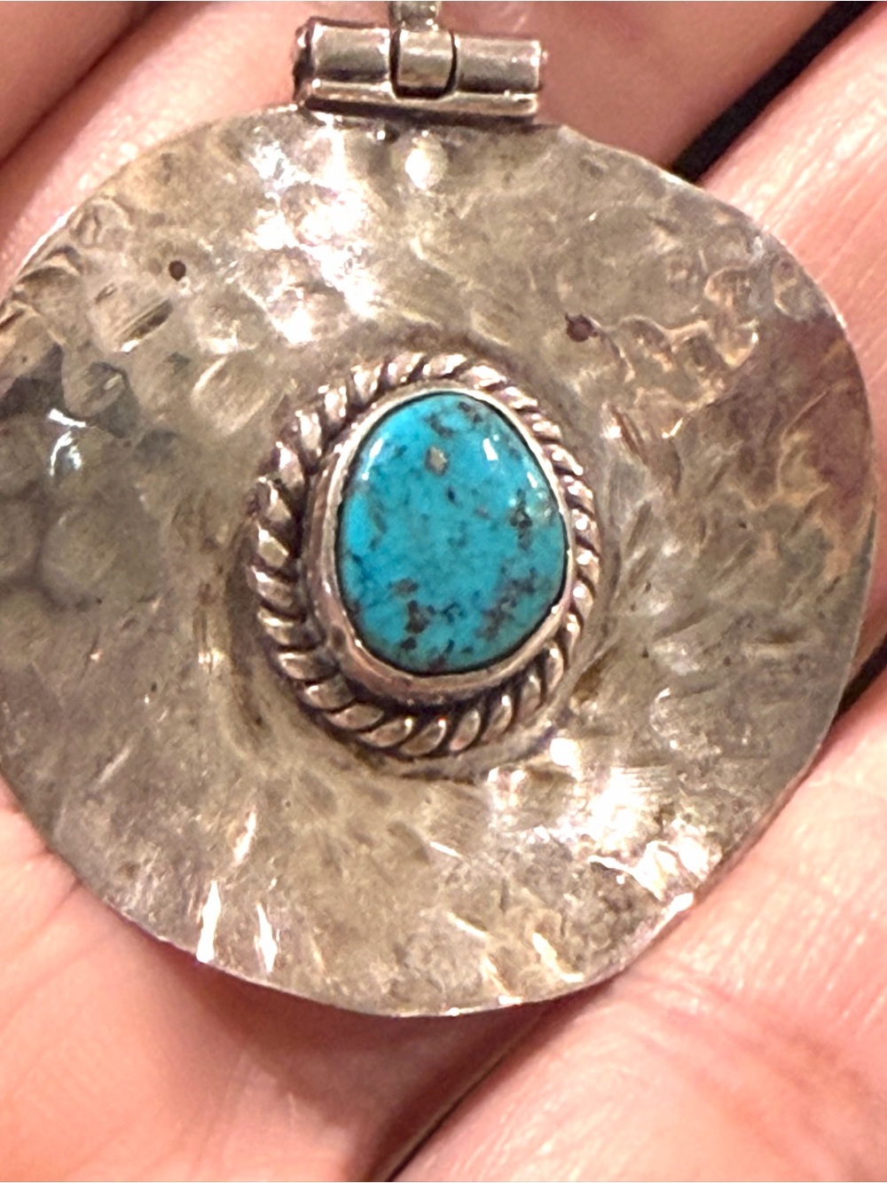 Vintage Navajo Style Hammered Sterling Silver & Turquoise Shield Pendant - 2.25"